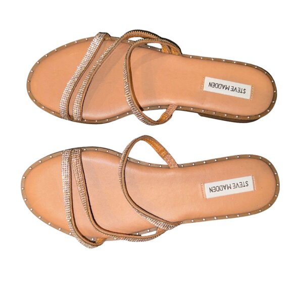 Steve Madden Shoes - Steve Madden Light Brown Rhinestone Strappy Flat Sandals – Women’s 10